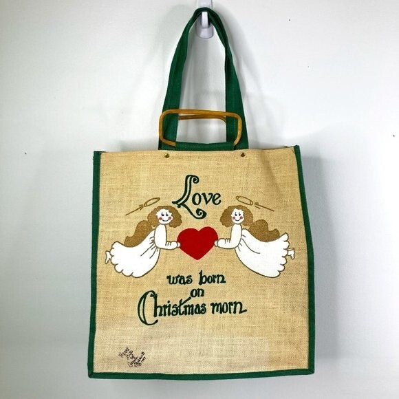 Vintage Handpainted Burlap Bag Christmas Angels Artist Signed Teresa Thibault - Picture 1 of 14